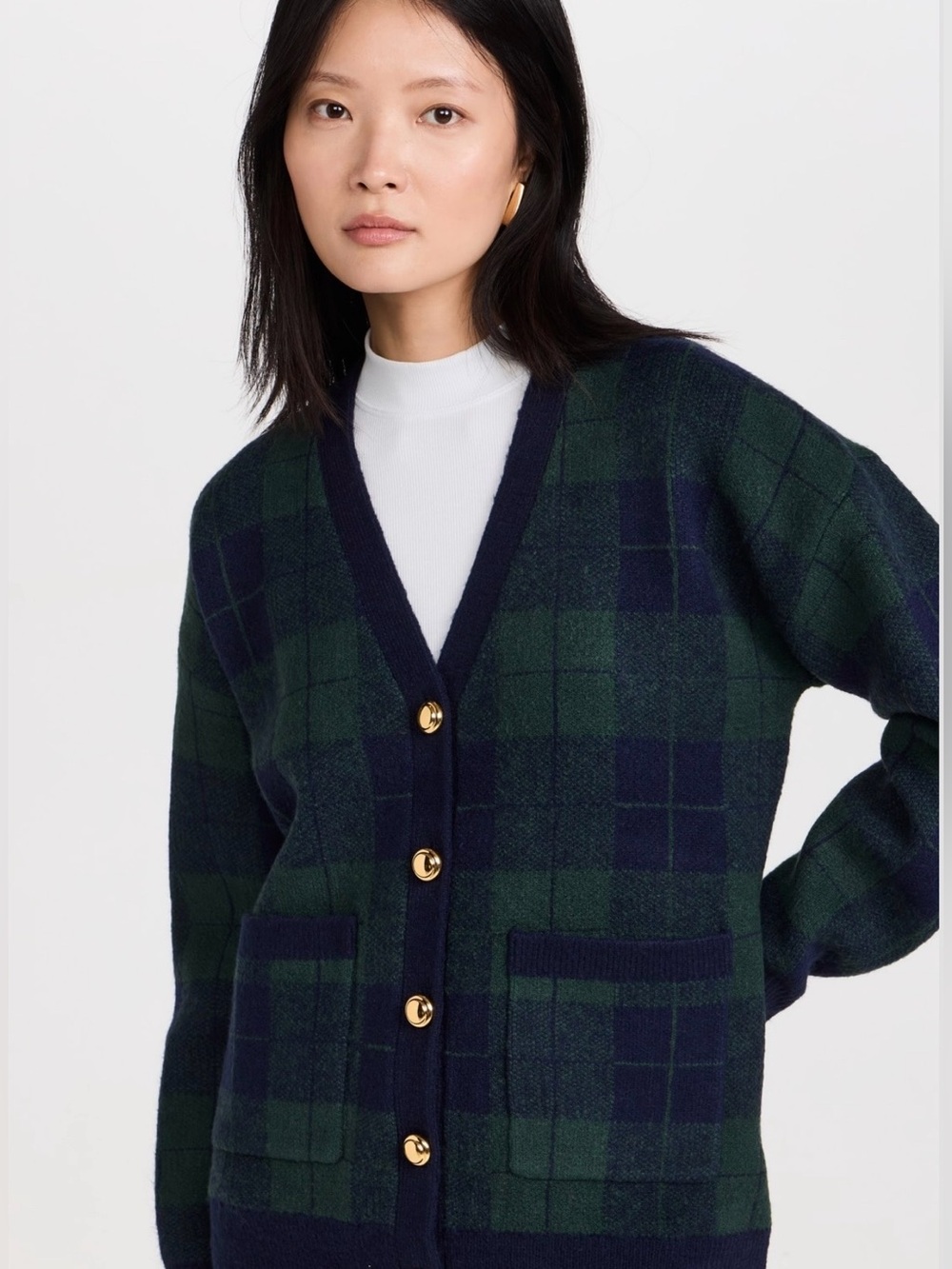 English Factory Green and Navy Plaid V-Neck Button Cardigan, Gold Buttons, Sz. L